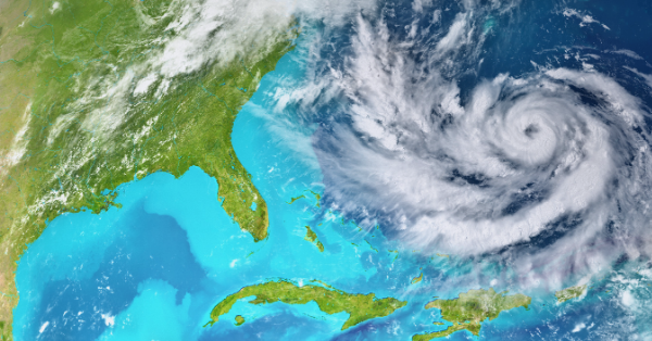 A hurricane swirls off the East coast of Florida